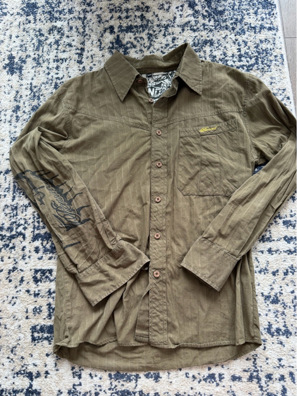 Rewind Olive Green Button-Up Shirt Jacket with Sleeve Script
